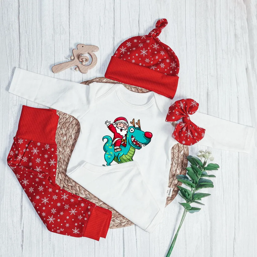 Personalized Christmas Baby Boy Onesies and Long Pants Set | Long Sleeve Onesies Santa Riding Dinosaur T-rex Baby Name | Infant Christmas Outfit