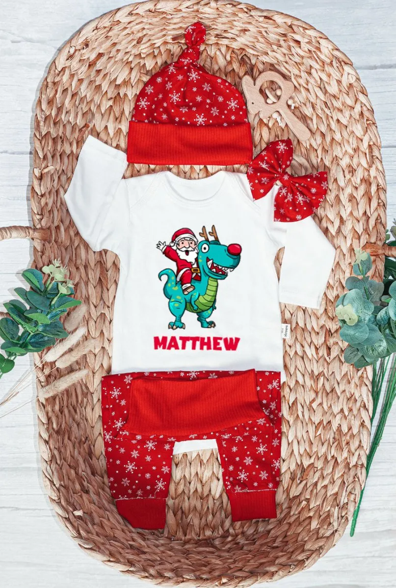 Personalized Christmas Baby Boy Onesies and Long Pants Set | Long Sleeve Onesies Santa Riding Dinosaur T-rex Baby Name | Infant Christmas Outfit