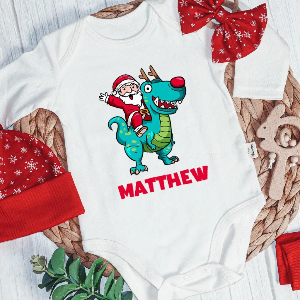 Personalized Christmas Baby Boy Onesies and Long Pants Set | Long Sleeve Onesies Santa Riding Dinosaur T-rex Baby Name | Infant Christmas Outfit