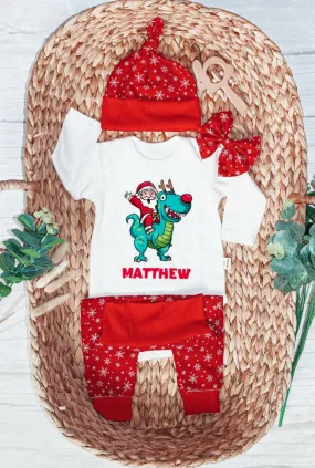 Personalized Christmas Baby Boy Onesies and Long Pants Set | Long Sleeve Onesies Santa Riding Dinosaur T-rex Baby Name | Infant Christmas Outfit