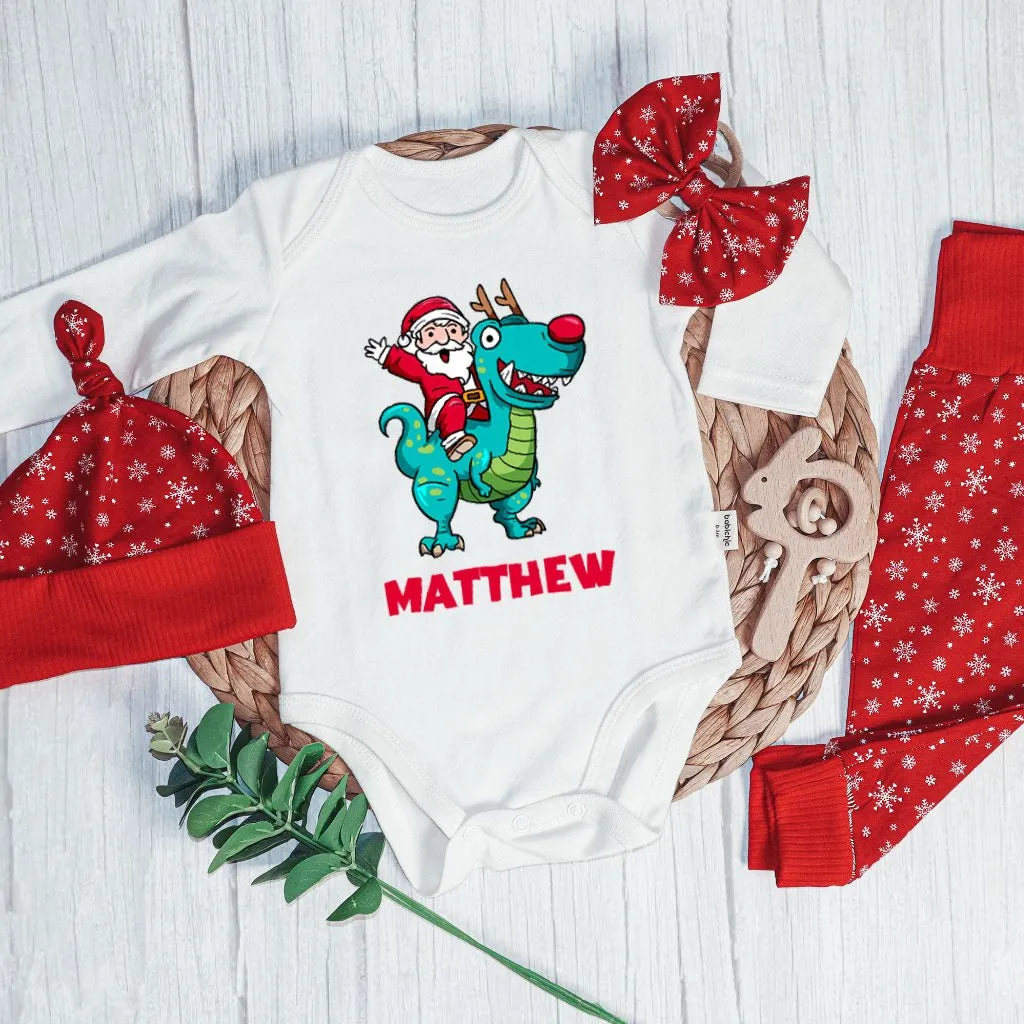 Personalized Christmas Baby Boy Onesies and Long Pants Set | Long Sleeve Onesies Santa Riding Dinosaur T-rex Baby Name | Infant Christmas Outfit
