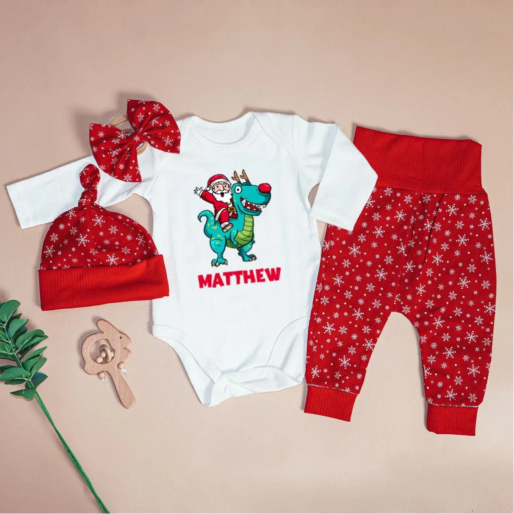 Personalized Christmas Baby Boy Onesies and Long Pants Set | Long Sleeve Onesies Santa Riding Dinosaur T-rex Baby Name | Infant Christmas Outfit