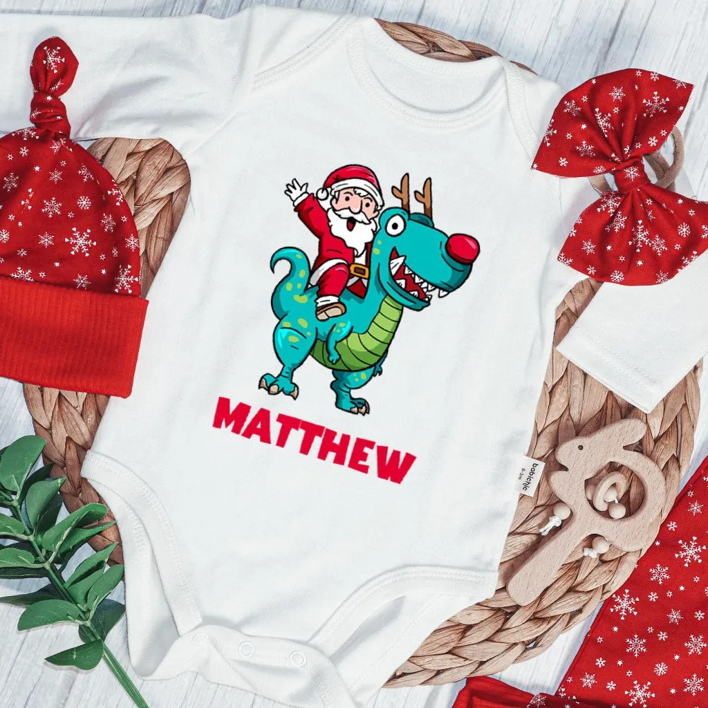 Personalized Christmas Baby Boy Onesies and Long Pants Set | Long Sleeve Onesies Santa Riding Dinosaur T-rex Baby Name | Infant Christmas Outfit