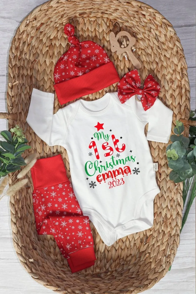 Personalized Christmas Baby Girl Onesies and Long Pants Set | Custom Infant Onesie My 1st Christmas Tree Baby Name | Infant Christmas Clothes