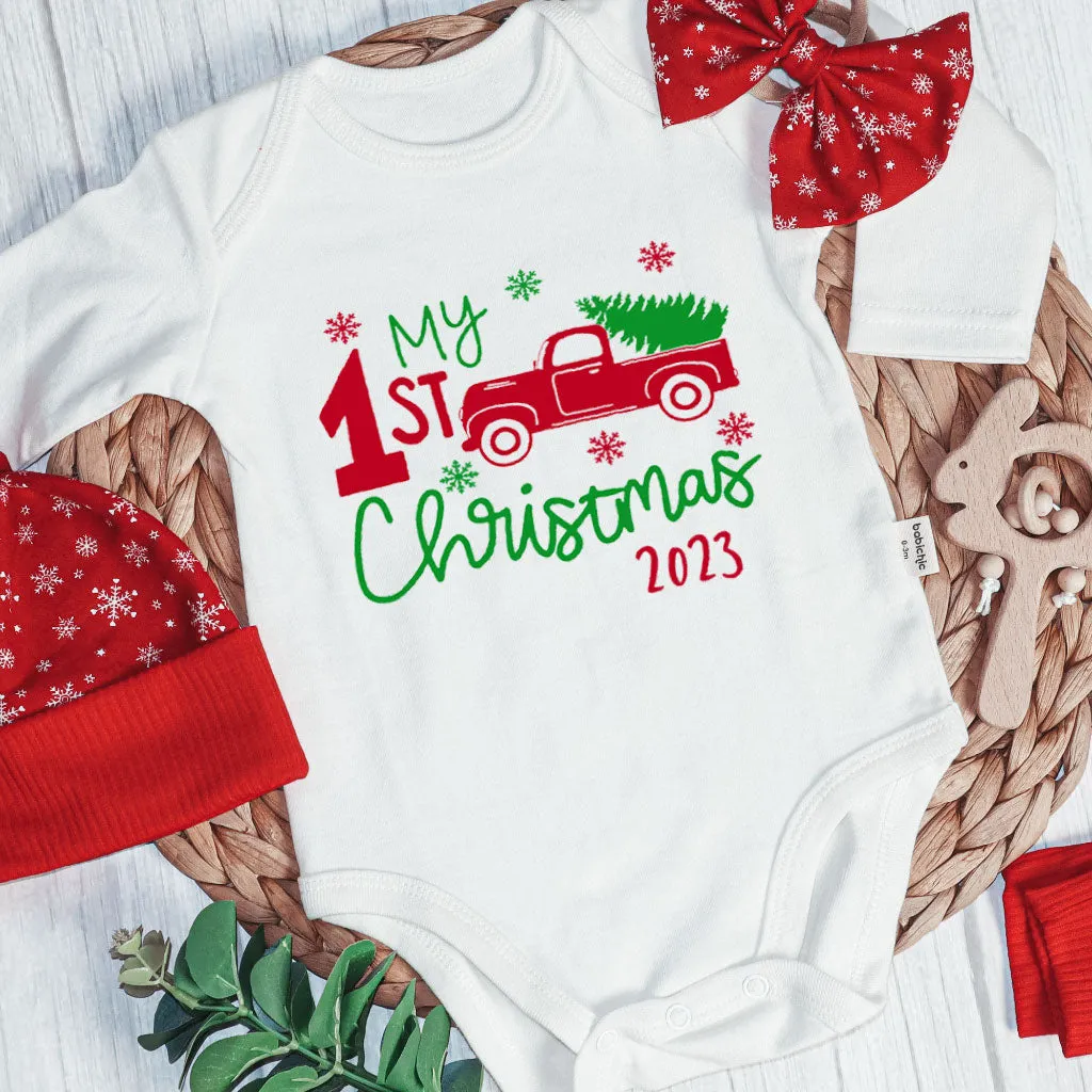 Personalized Christmas Neutral Baby Onesies and Long Pants Set | Custom Newborn Onesie My 1st Christmas Red Truck Baby Name