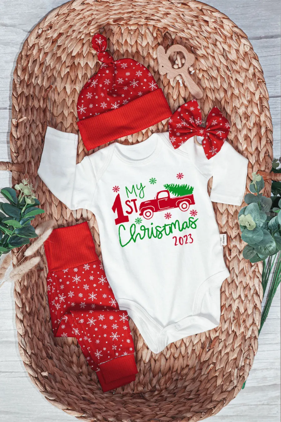 Personalized Christmas Neutral Baby Onesies and Long Pants Set | Custom Newborn Onesie My 1st Christmas Red Truck Baby Name