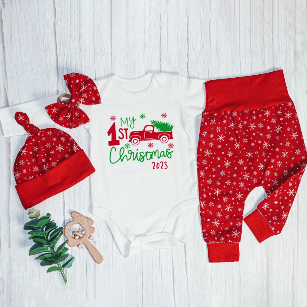 Personalized Christmas Neutral Baby Onesies and Long Pants Set | Custom Newborn Onesie My 1st Christmas Red Truck Baby Name