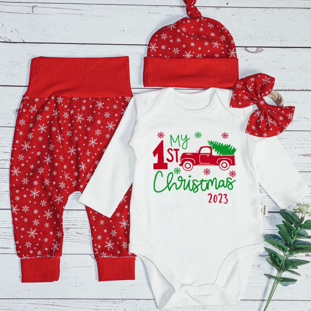 Personalized Christmas Neutral Baby Onesies and Long Pants Set | Custom Newborn Onesie My 1st Christmas Red Truck Baby Name