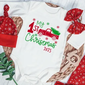Personalized Christmas Neutral Baby Onesies and Long Pants Set | Custom Newborn Onesie My 1st Christmas Red Truck Baby Name
