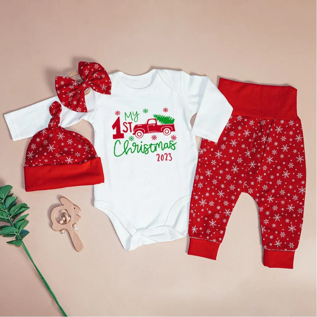 Personalized Christmas Neutral Baby Onesies and Long Pants Set | Custom Newborn Onesie My 1st Christmas Red Truck Baby Name