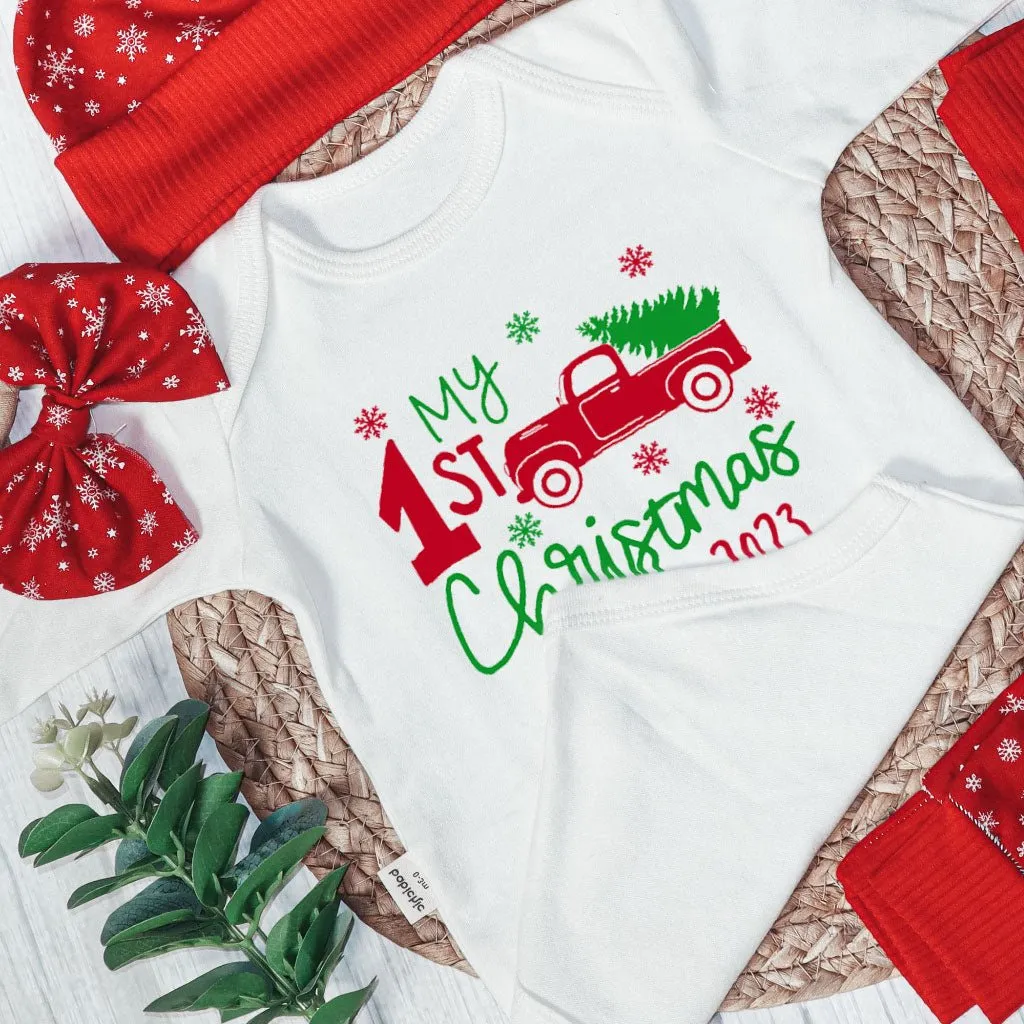 Personalized Christmas Neutral Baby Onesies and Long Pants Set | Custom Newborn Onesie My 1st Christmas Red Truck Baby Name