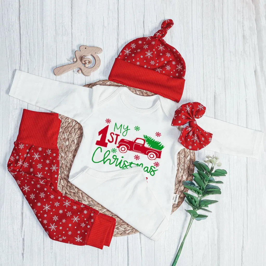 Personalized Christmas Neutral Baby Onesies and Long Pants Set | Custom Newborn Onesie My 1st Christmas Red Truck Baby Name