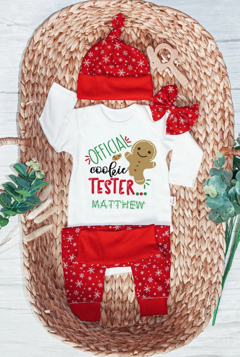 Personalized Christmas Neutral Baby Onesies and Long Pants Set | Gingerbread Cookies My First Christmas Baby Name | Newborn Xmas Outfit