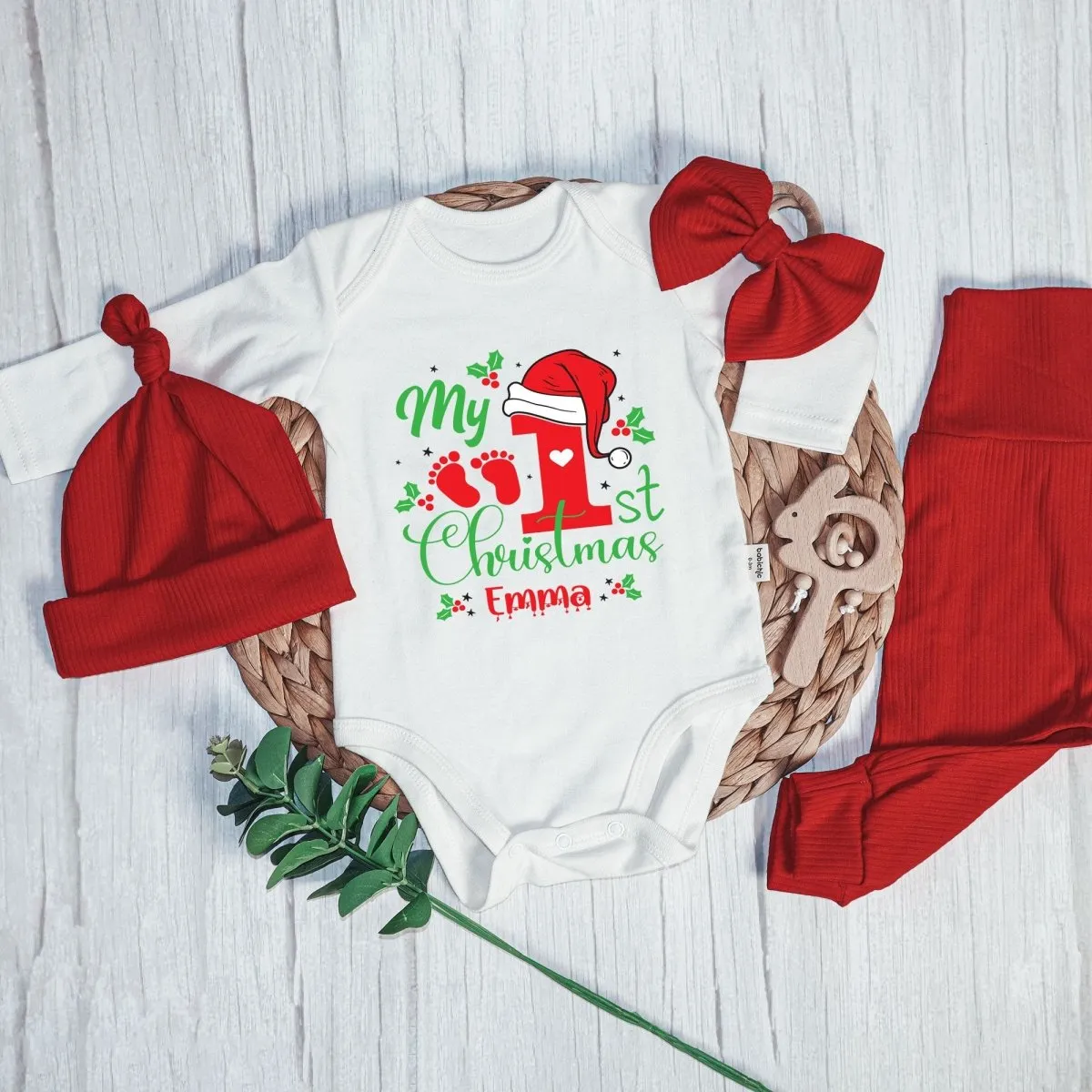 Personalized My 1st Christmas Baby Onesie and Long Pants Set | Custom Name Santa Christmas Bodysuit