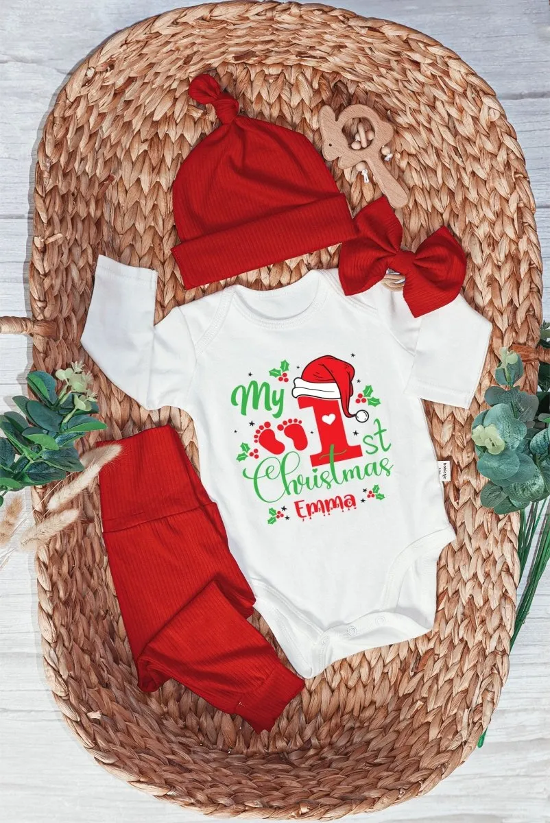 Personalized My 1st Christmas Baby Onesie and Long Pants Set | Custom Name Santa Christmas Bodysuit