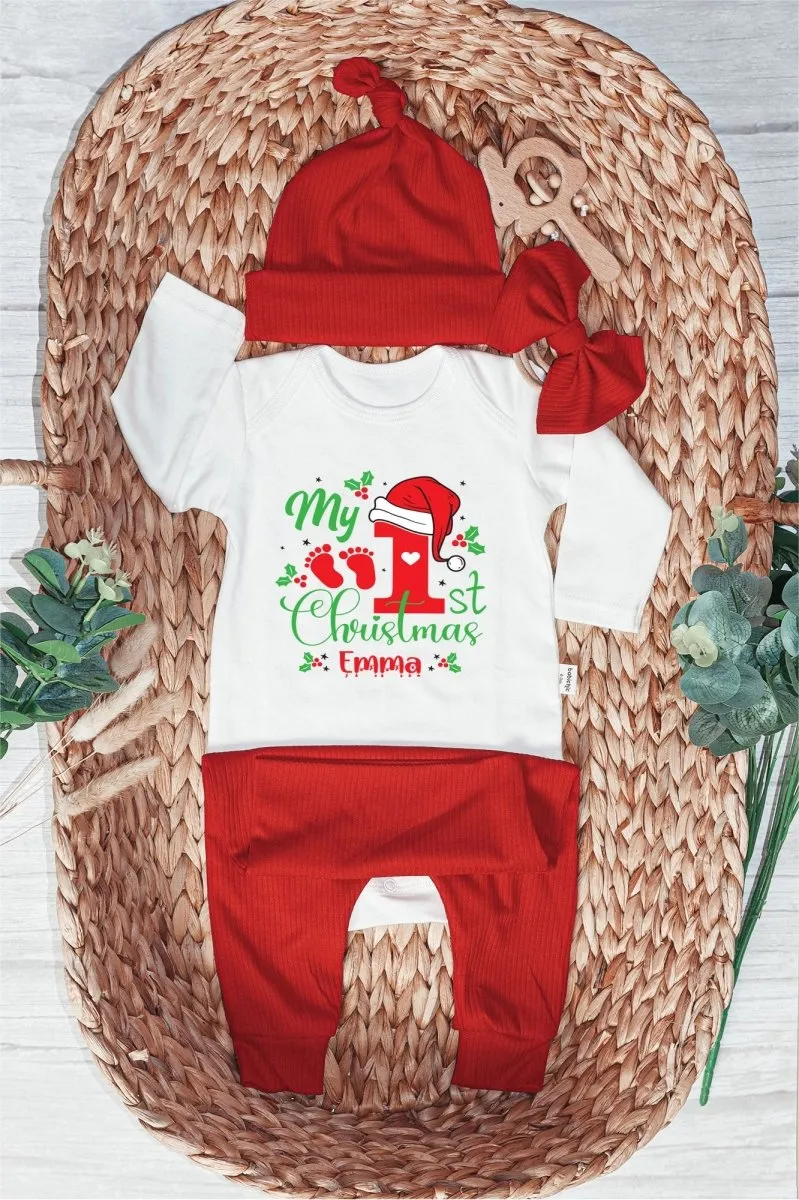 Personalized My 1st Christmas Baby Onesie and Long Pants Set | Custom Name Santa Christmas Bodysuit