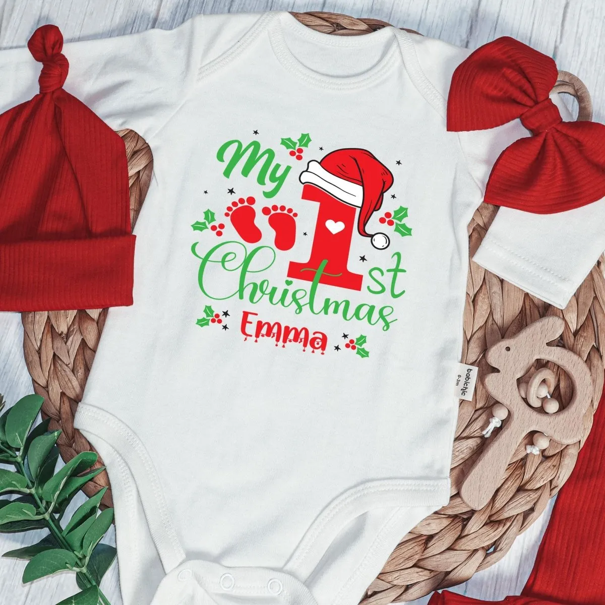 Personalized My 1st Christmas Baby Onesie and Long Pants Set | Custom Name Santa Christmas Bodysuit