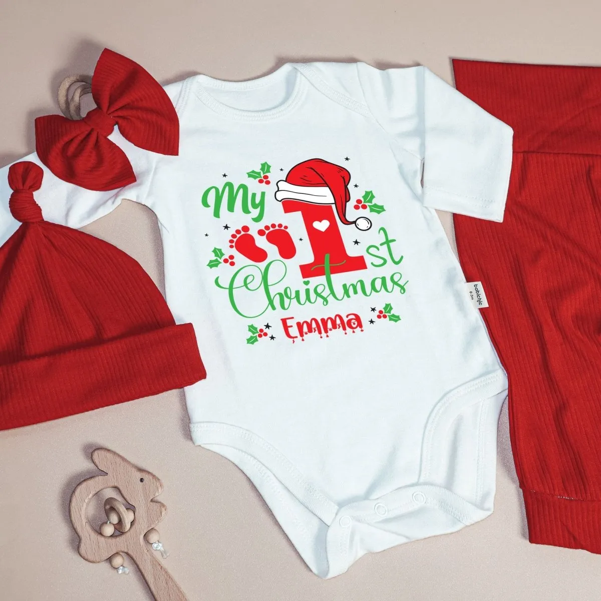 Personalized My 1st Christmas Baby Onesie and Long Pants Set | Custom Name Santa Christmas Bodysuit