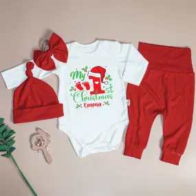 Personalized My 1st Christmas Baby Onesie and Long Pants Set | Custom Name Santa Christmas Bodysuit
