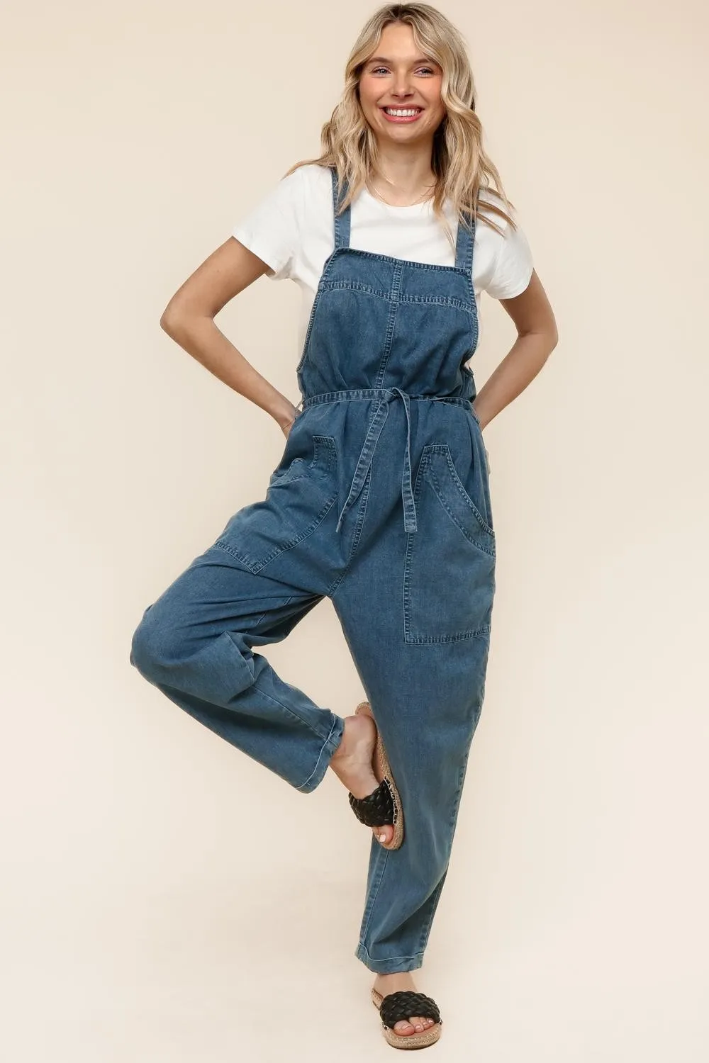 PLUS BAGGY WASHED DENIM WITH SIDE POCKETS AND BELT