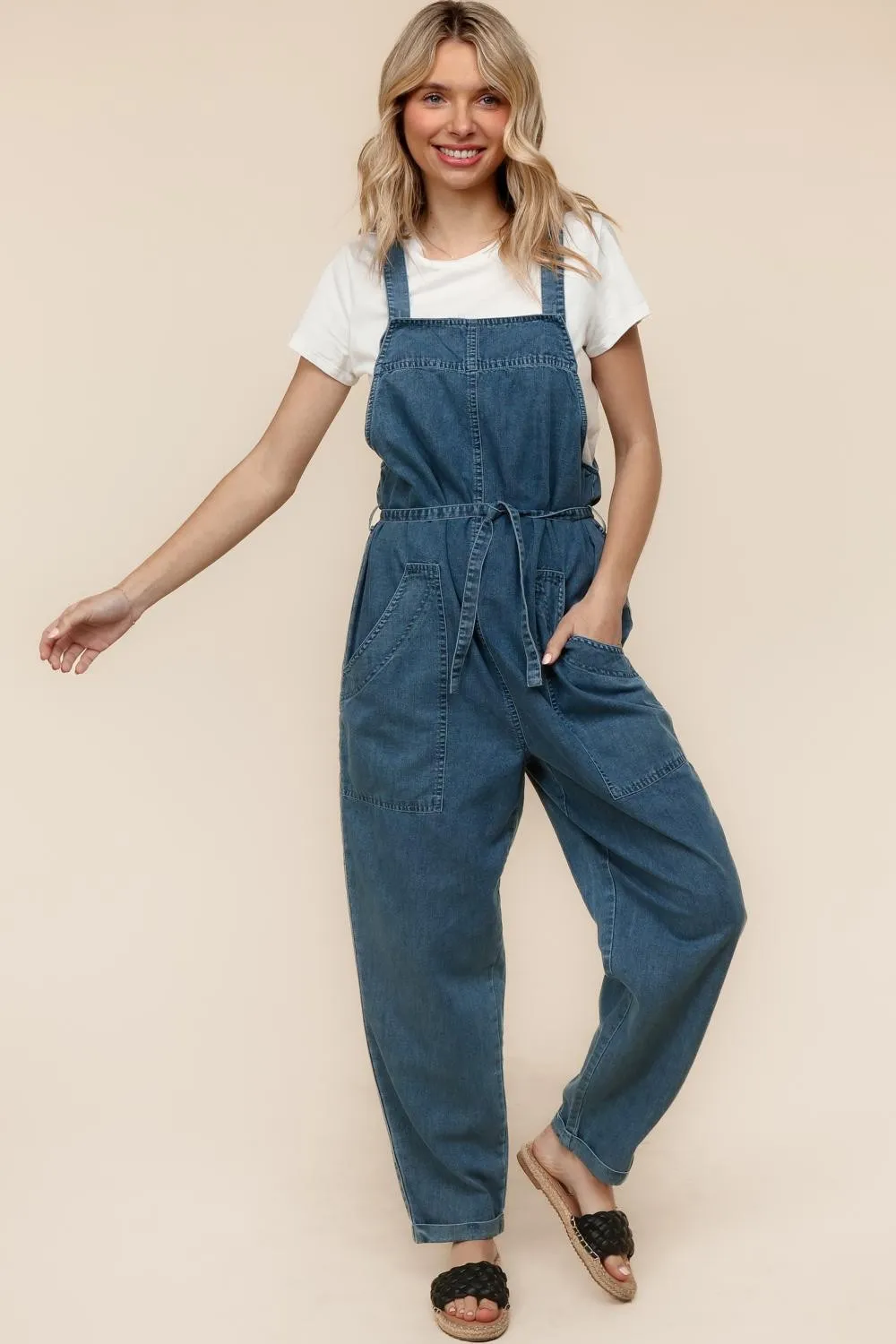 PLUS BAGGY WASHED DENIM WITH SIDE POCKETS AND BELT