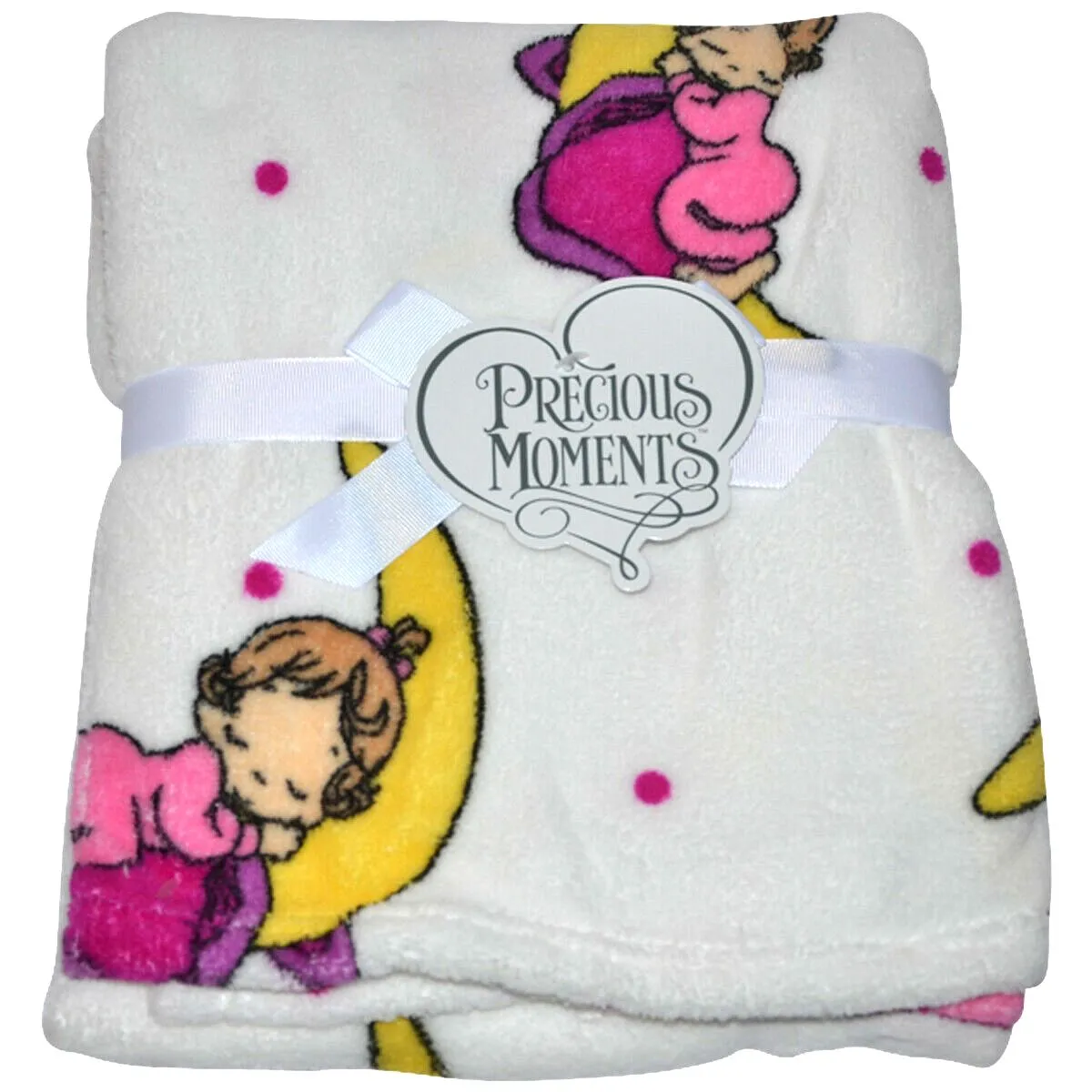 Precious Moments Girl Plush Soft Coral Fleece Crib Baby Blanket Nursery Pink or White Baby Shower Gift Girl with Bunny, Lamb, or Moon