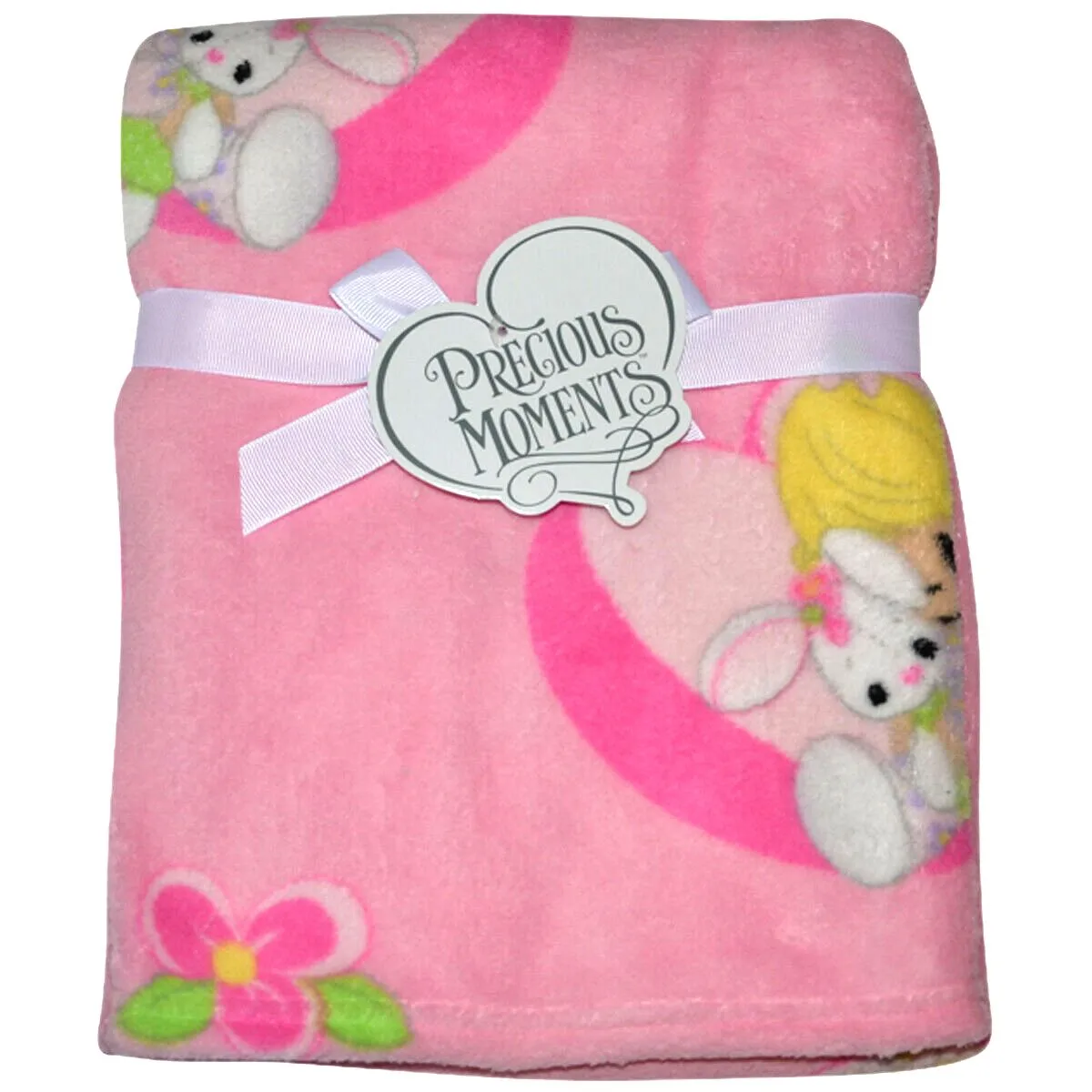 Precious Moments Girl Plush Soft Coral Fleece Crib Baby Blanket Nursery Pink or White Baby Shower Gift Girl with Bunny, Lamb, or Moon