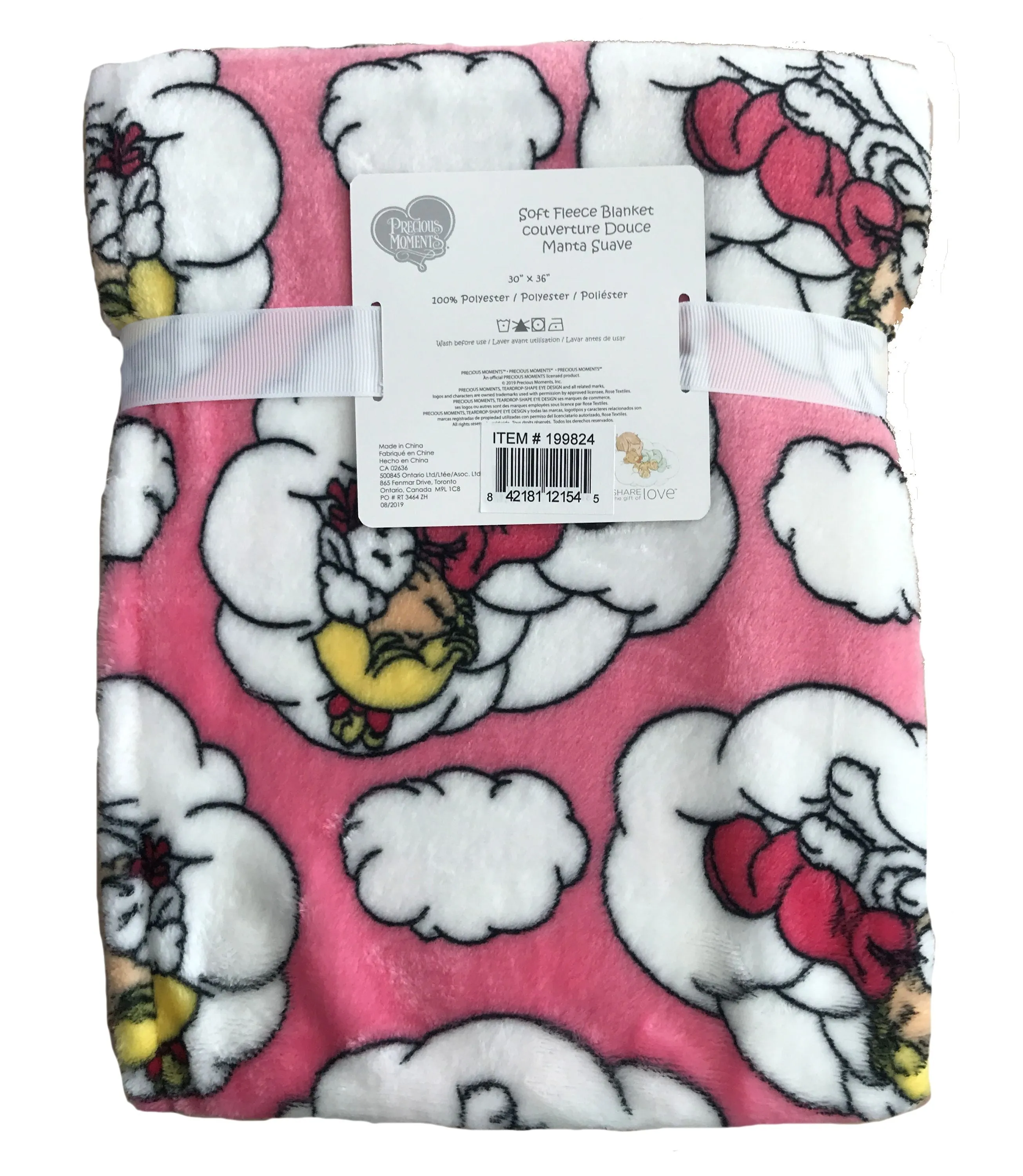 Precious Moments Girl Plush Soft Coral Fleece Crib Baby Blanket Nursery Pink or White Baby Shower Gift Girl with Bunny, Lamb, or Moon