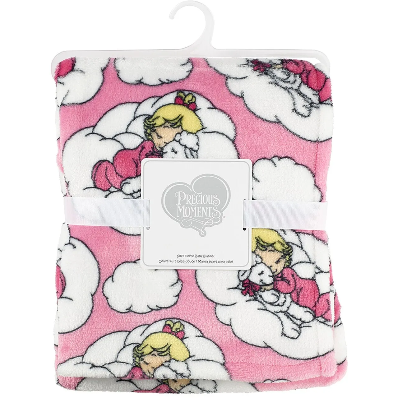 Precious Moments Girl Plush Soft Coral Fleece Crib Baby Blanket Nursery Pink or White Baby Shower Gift Girl with Bunny, Lamb, or Moon