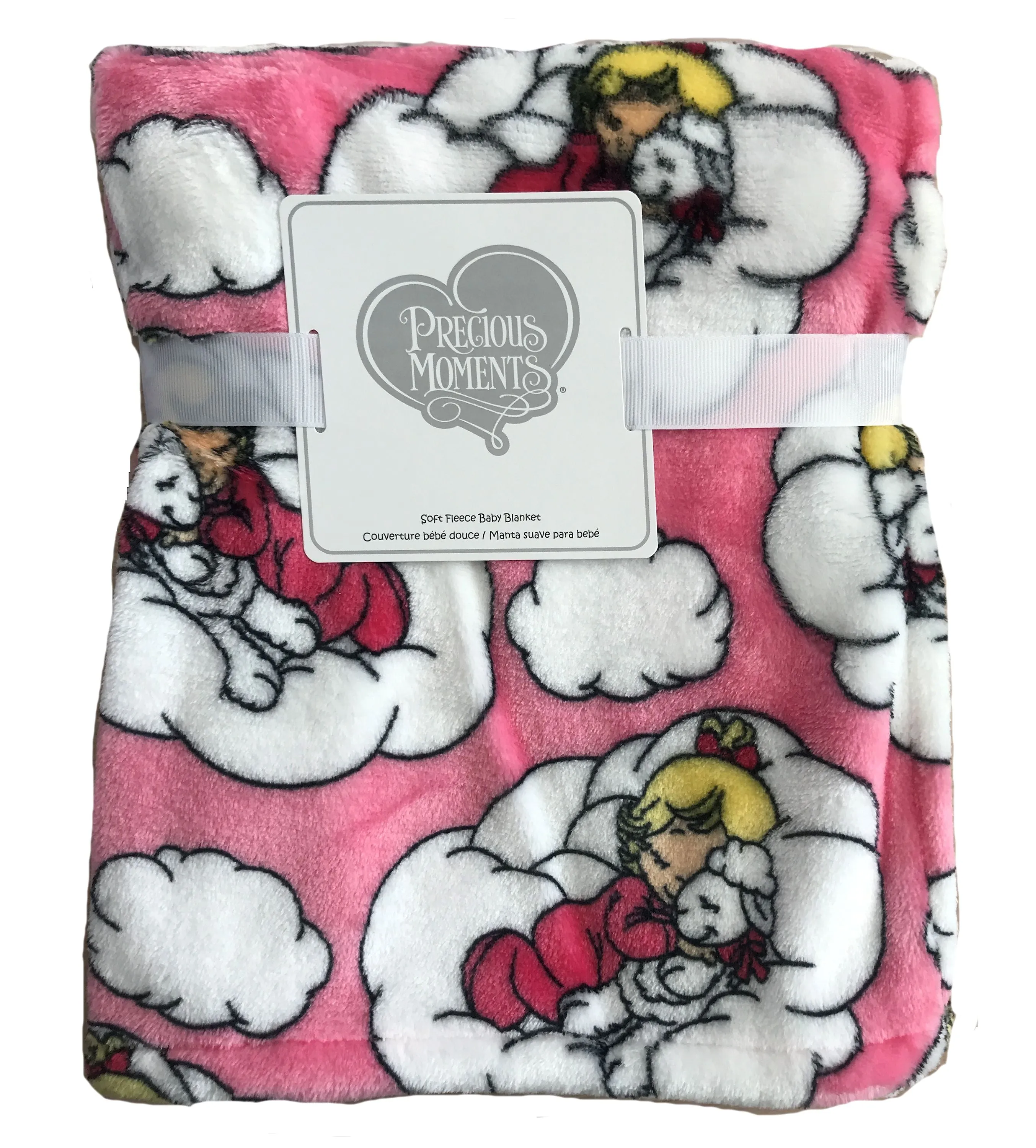 Precious Moments Girl Plush Soft Coral Fleece Crib Baby Blanket Nursery Pink or White Baby Shower Gift Girl with Bunny, Lamb, or Moon