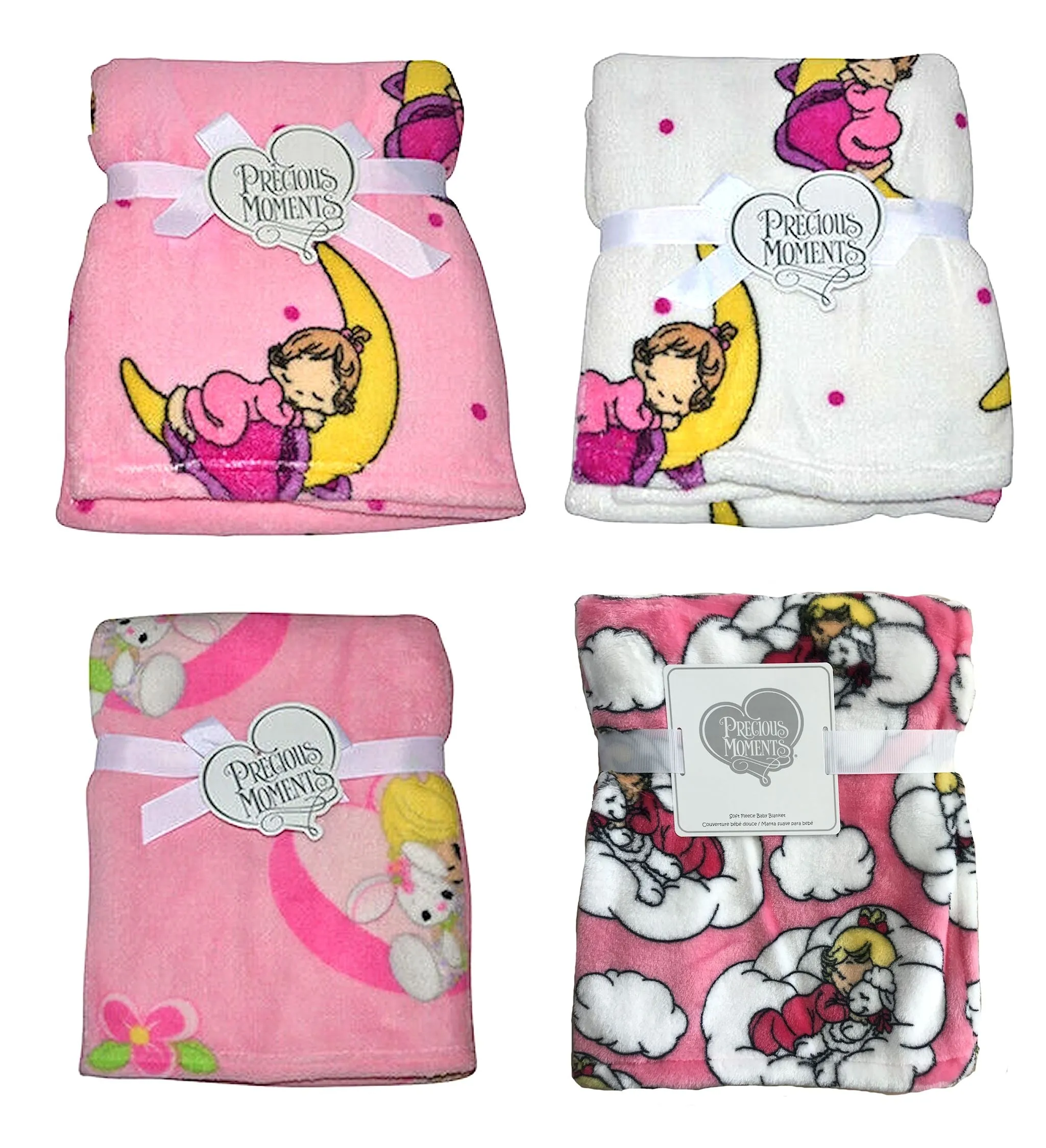 Precious Moments Girl Plush Soft Coral Fleece Crib Baby Blanket Nursery Pink or White Baby Shower Gift Girl with Bunny, Lamb, or Moon