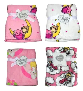Precious Moments Girl Plush Soft Coral Fleece Crib Baby Blanket Nursery Pink or White Baby Shower Gift Girl with Bunny, Lamb, or Moon