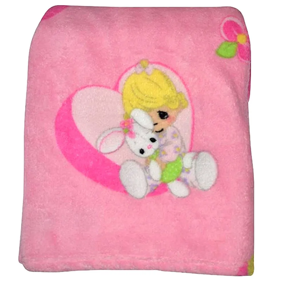 Precious Moments Girl Plush Soft Coral Fleece Crib Baby Blanket Nursery Pink or White Baby Shower Gift Girl with Bunny, Lamb, or Moon
