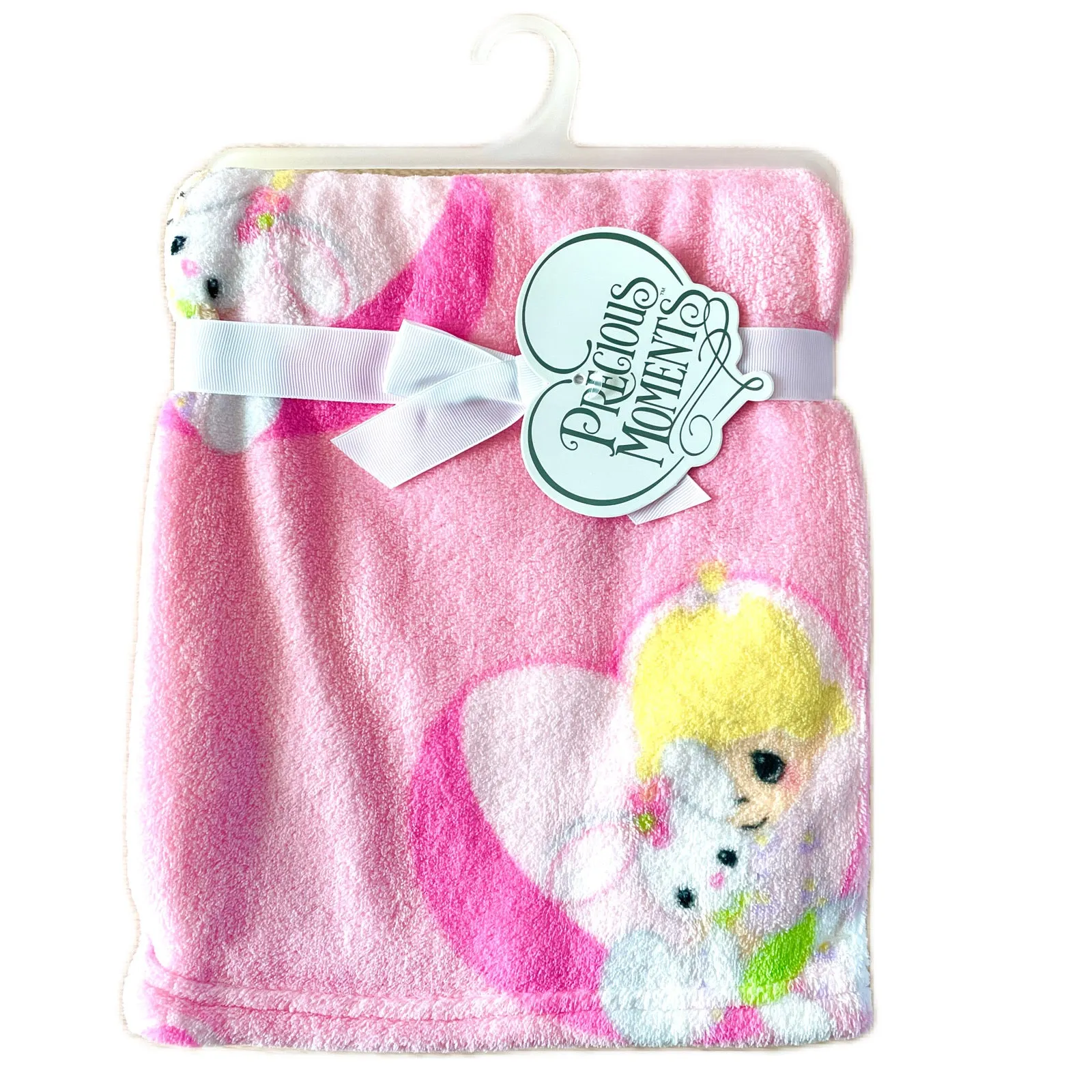 Precious Moments Girl Plush Soft Coral Fleece Crib Baby Blanket Nursery Pink or White Baby Shower Gift Girl with Bunny, Lamb, or Moon