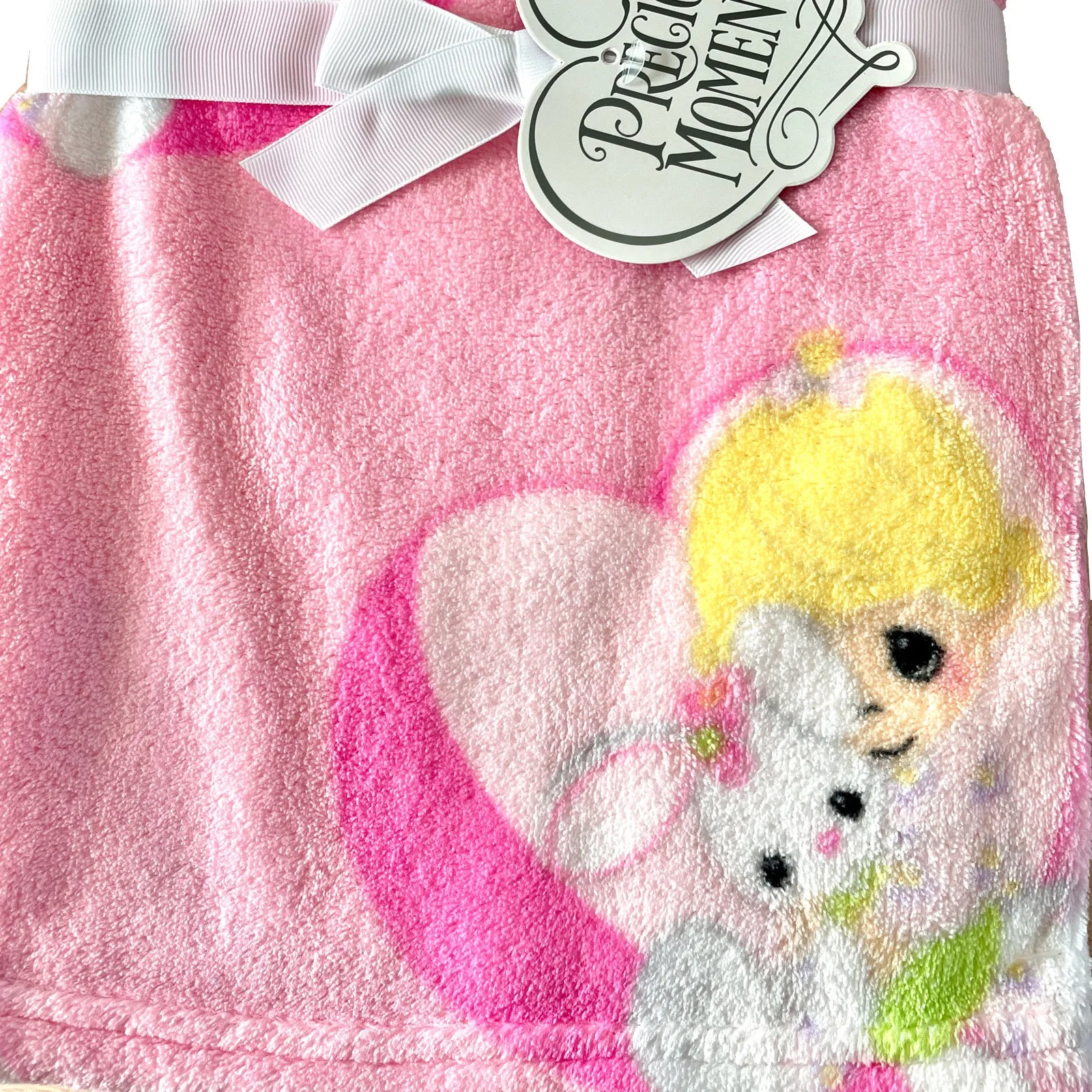Precious Moments Girl Plush Soft Coral Fleece Crib Baby Blanket Nursery Pink or White Baby Shower Gift Girl with Bunny, Lamb, or Moon