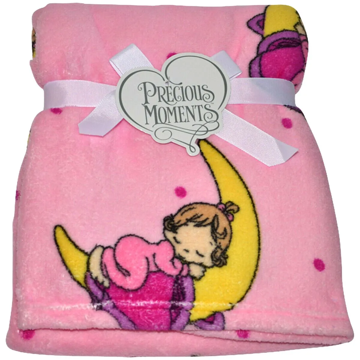 Precious Moments Girl Plush Soft Coral Fleece Crib Baby Blanket Nursery Pink or White Baby Shower Gift Girl with Bunny, Lamb, or Moon