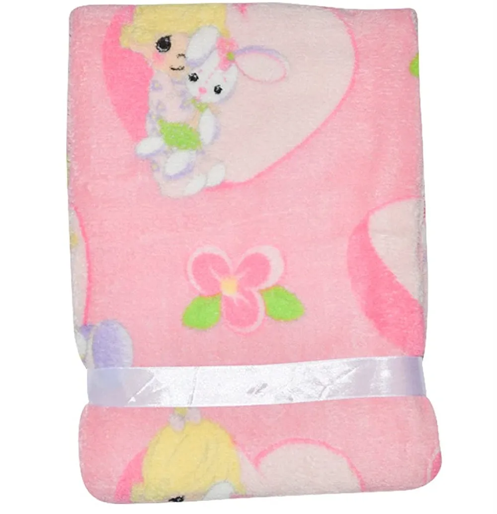 Precious Moments Girl Plush Soft Coral Fleece Crib Baby Blanket Nursery Pink or White Baby Shower Gift Girl with Bunny, Lamb, or Moon