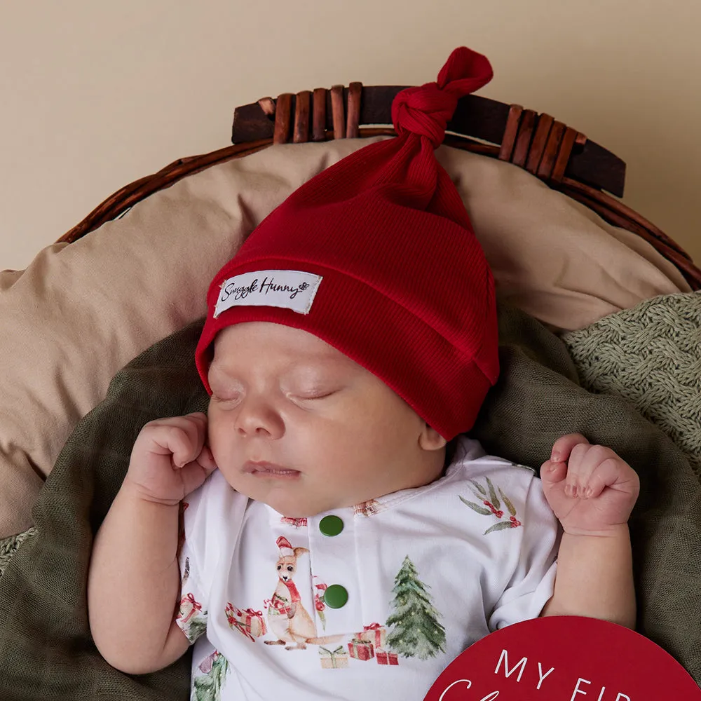Red Ribbed Organic Knotted Beanie