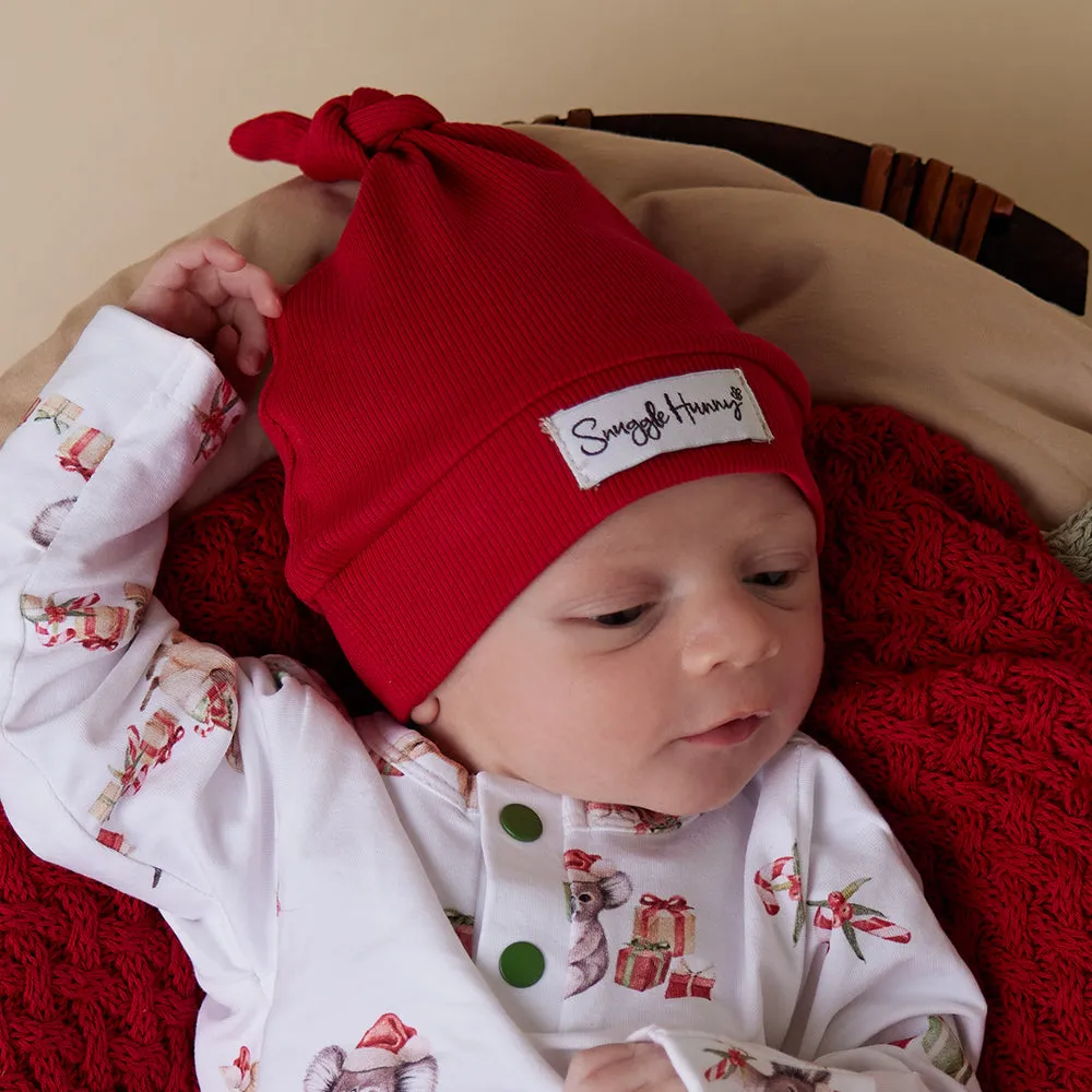 Red Ribbed Organic Knotted Beanie