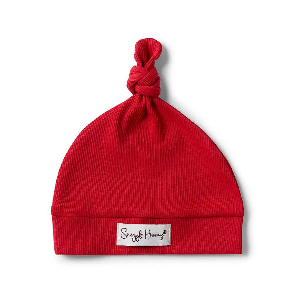 Red Ribbed Organic Knotted Beanie