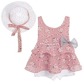 Toddler Kid Baby Girl Clothes Floral Vest T-Shirt Tops  Shorts Pant with Cute Sun Hat 3Pcs Outfits Set (2-3T)