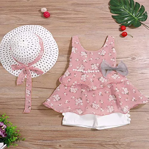 Toddler Kid Baby Girl Clothes Floral Vest T-Shirt Tops  Shorts Pant with Cute Sun Hat 3Pcs Outfits Set (2-3T)